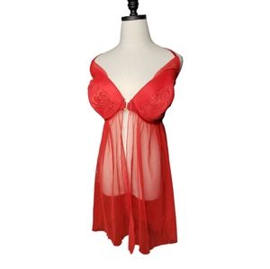 Cacique Crochet Back Padded Lace Cups Mesh Body Front Close Babydoll Lingerie